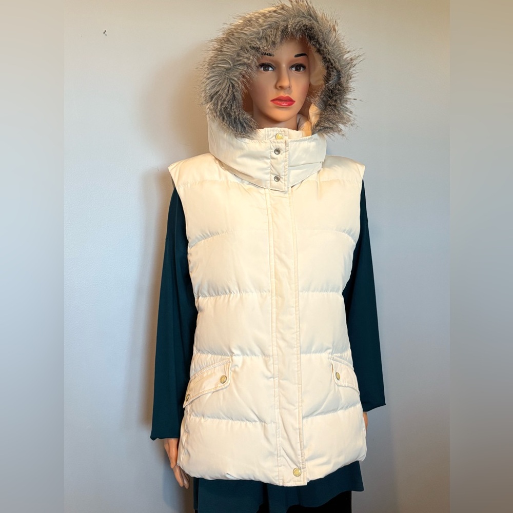Talbots Ivory Hooded Puffer Vest with Faux Fur Trim